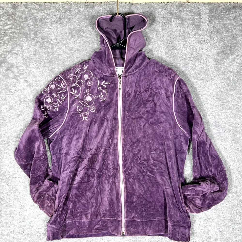 Dressbarn Hoodie Womens Large Purple Cotton Velour Embroidery Full Zip Casual
